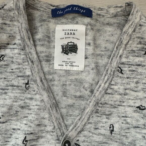 Zara gray marble knit cardigan button down with lightning bolts. Boys sz 7 - Picture 5 of 9